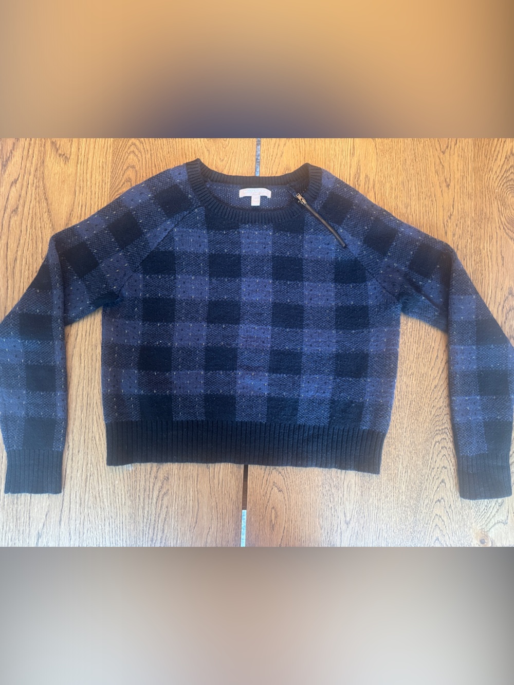 Banana Republic Blue and Black Check Knit Sweater with Zip